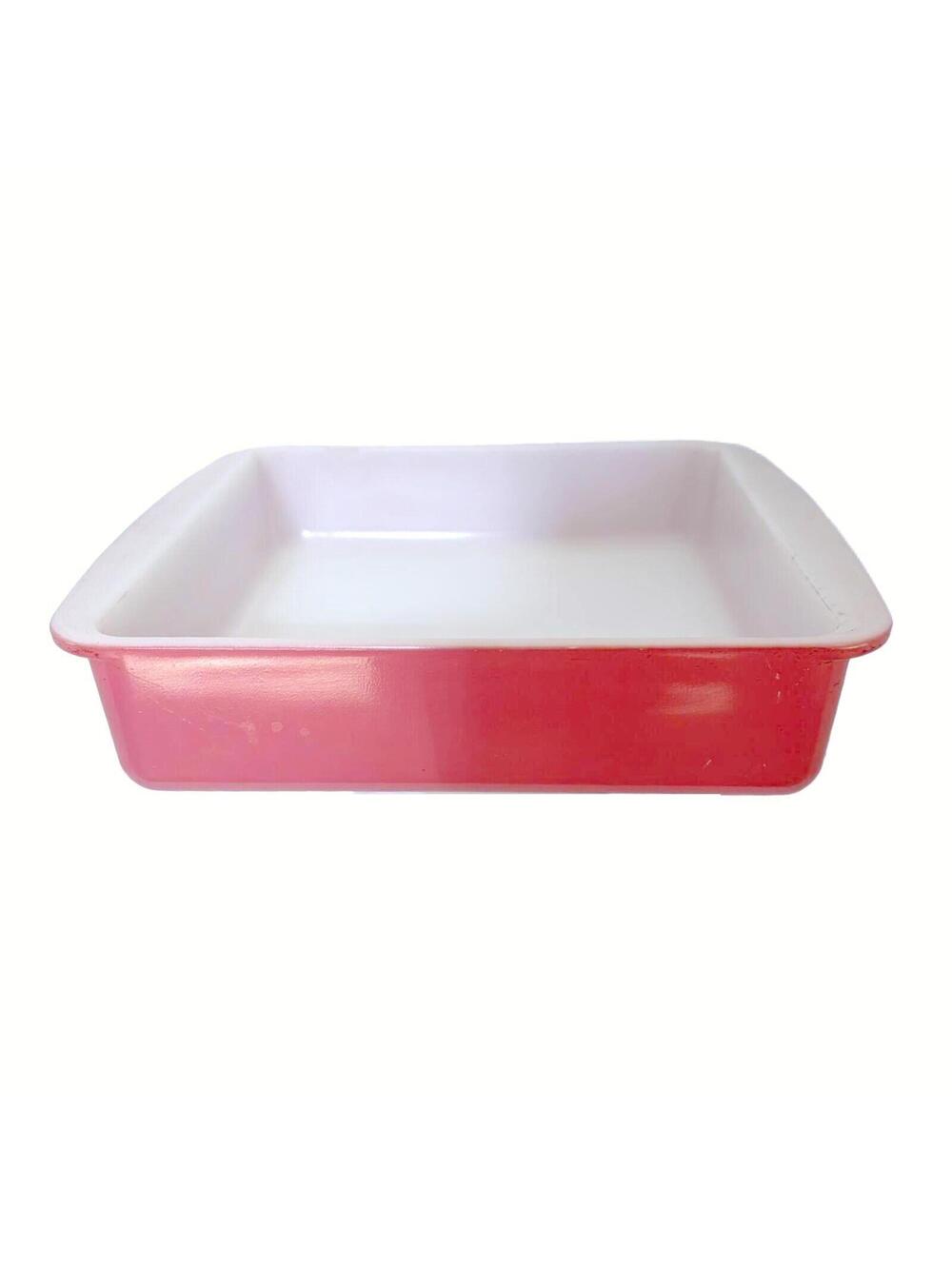 Vintage Pyrex Flamingo Pink 8-inch square baking dish.